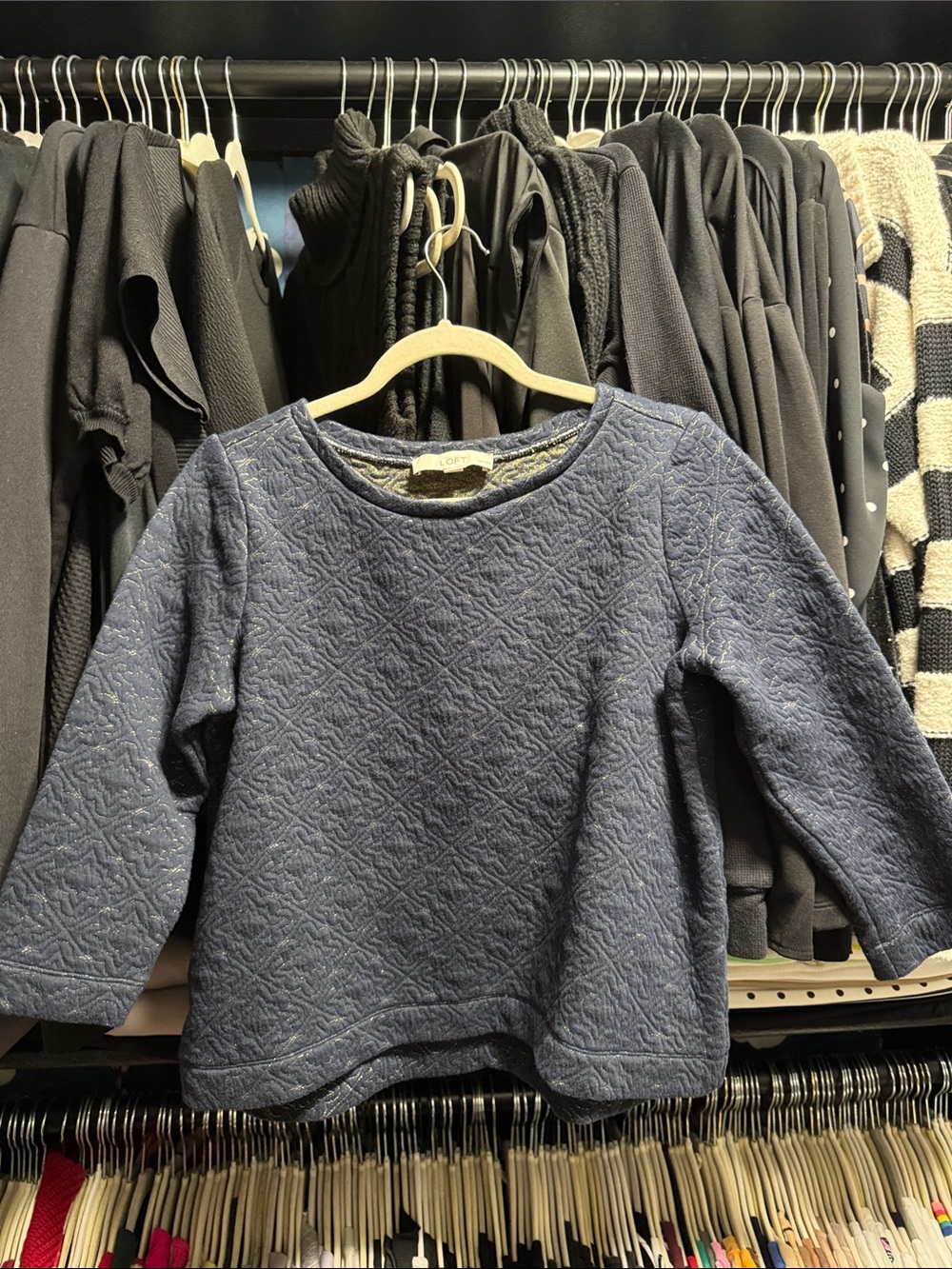LOFT Navy Quilted Crewneck Sweatshirt